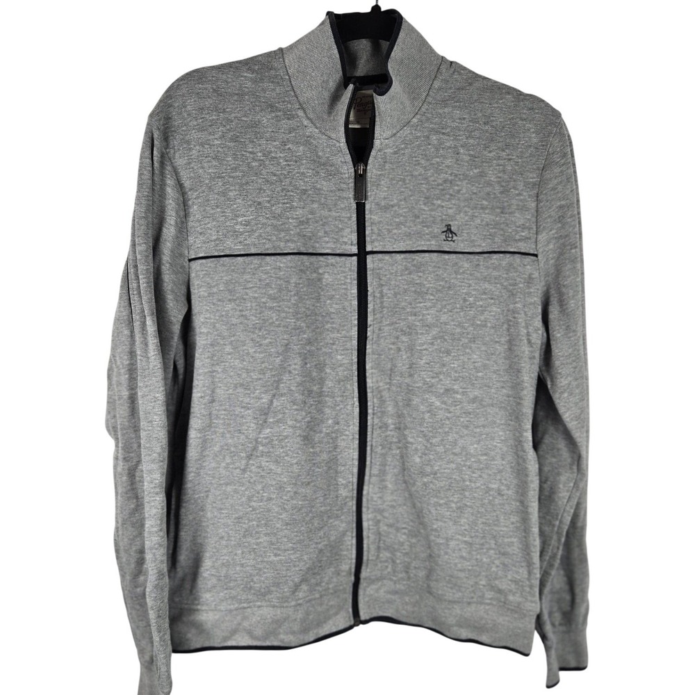 Original Penguin Track Jacket Men's Medium Grey Full Zip Mock Neck Cotton Mod
